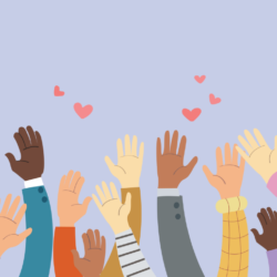 Hands reaching and floating hearts
