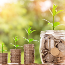 Stacks of coins (with plants sprouting out the top) getting taller and ending in a jarful of money. Representing money growing.