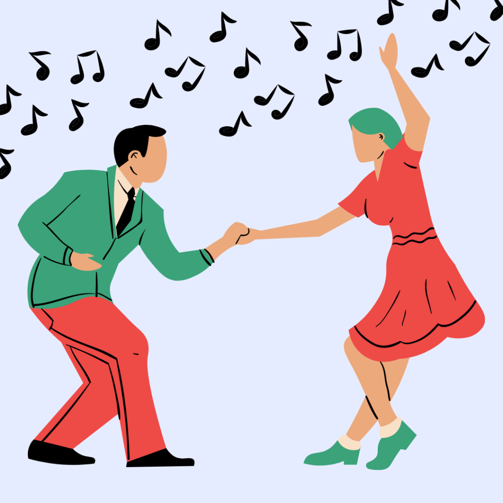Illustration of couple dancing with musical notes floating in the air