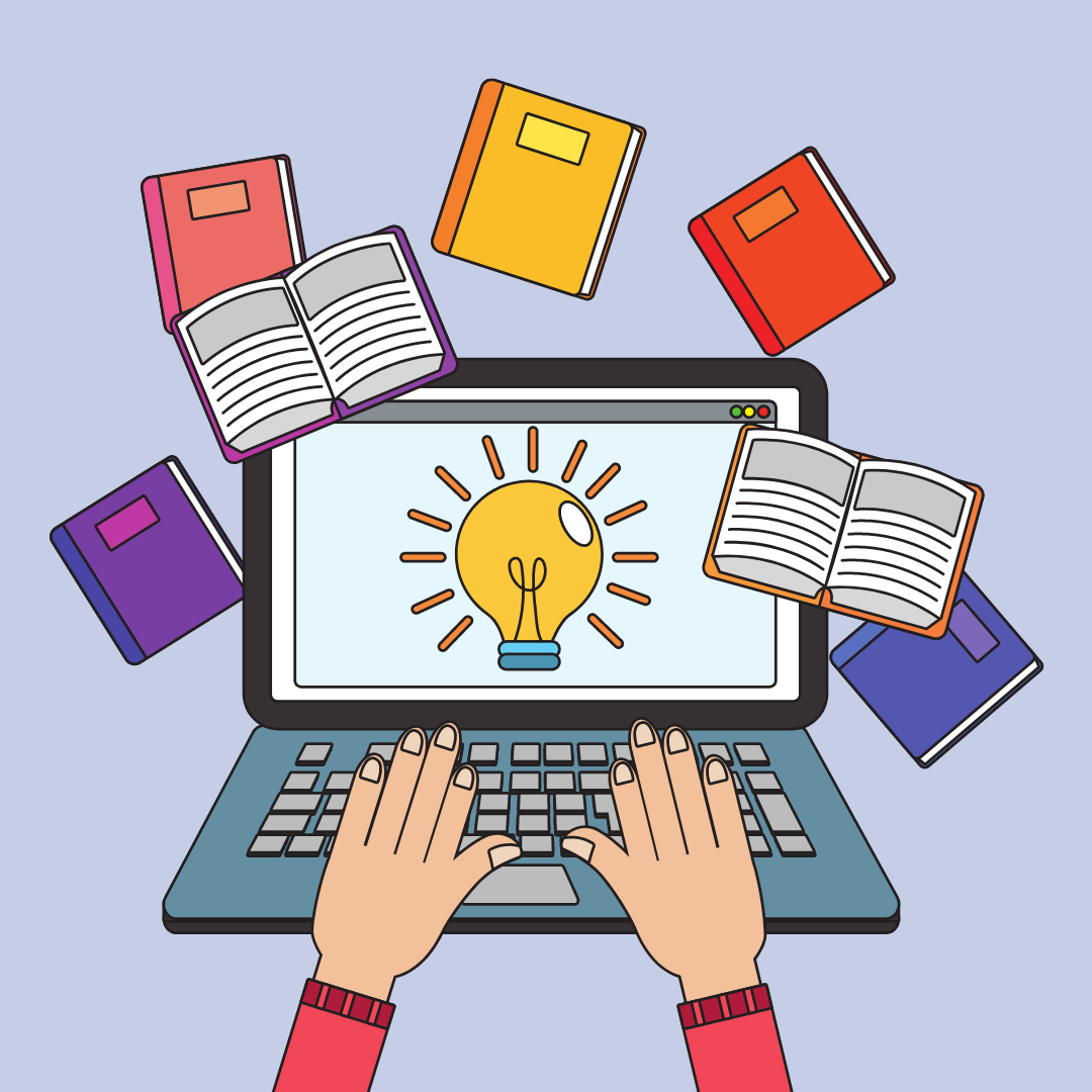 Illustration of hands typing on laptop with books floating above