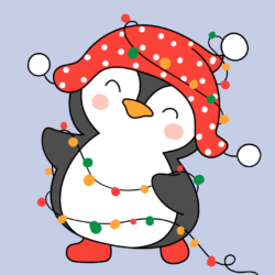 Cartoon penguin wrapped in christmas lights