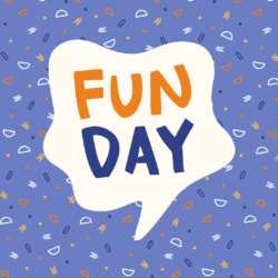 speech bubble on patterned background with text reading "Fun day"