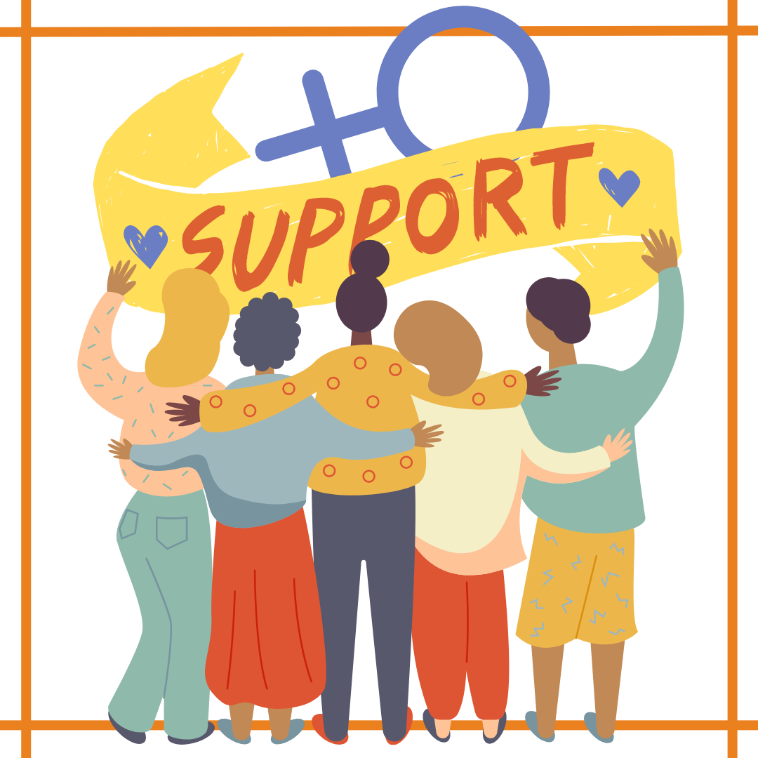 Illustration of women and a banner with support written on. There is also a female symbol above banner